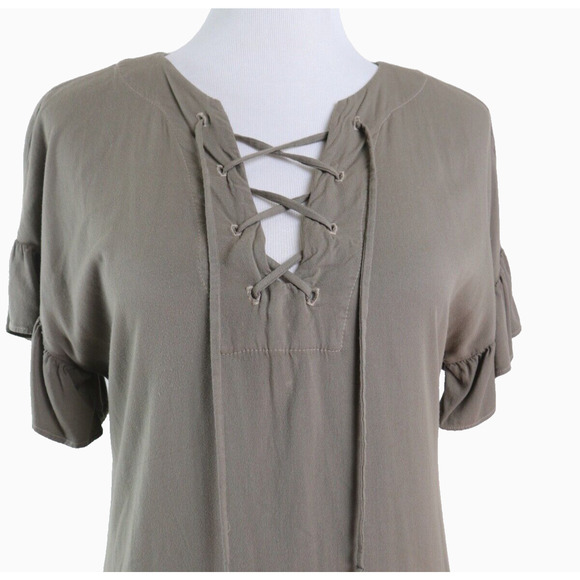 Michael Stars XS Ruffled Lace-up Mini Dress Short Sleeve Camo Green - Picture 8 of 11